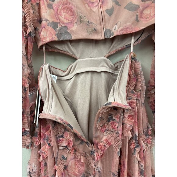 Mac Duggal Side 4 Pink Floral A9151 Long Sleeve V Neck Cut Out Mesh Mini Dress - Picture 9 of 11